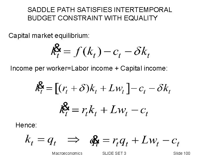 SADDLE PATH SATISFIES INTERTEMPORAL BUDGET CONSTRAINT WITH EQUALITY Capital market equilibrium: Income per worker=Labor SADDLE PATH SATISFIES INTERTEMPORAL BUDGET CONSTRAINT WITH EQUALITY Capital market equilibrium: Income per worker=Labor