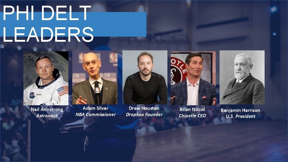 PHI DELT LEADERS Neil Armstrong Astronaut Adam Silver NBA Commissioner Drew Houston Dropbox Founder
