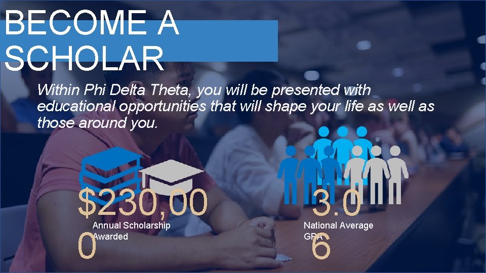 BECOME A SCHOLAR Within Phi Delta Theta, you will be presented with educational opportunities