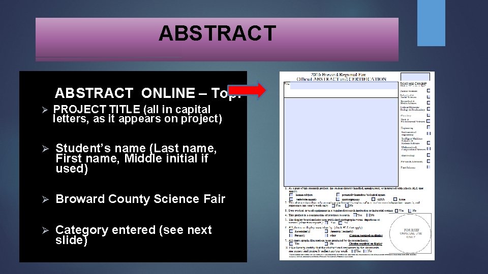 ABSTRACT ONLINE – Top: Ø PROJECT TITLE (all in capital letters, as it appears