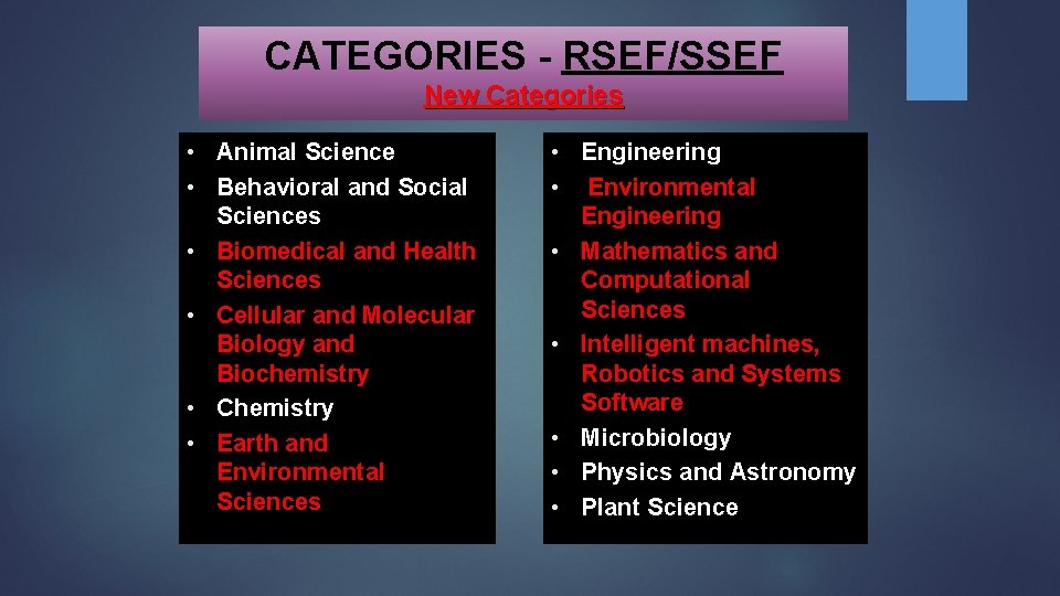 CATEGORIES - RSEF/SSEF New Categories • Animal Science • Behavioral and Social Sciences •