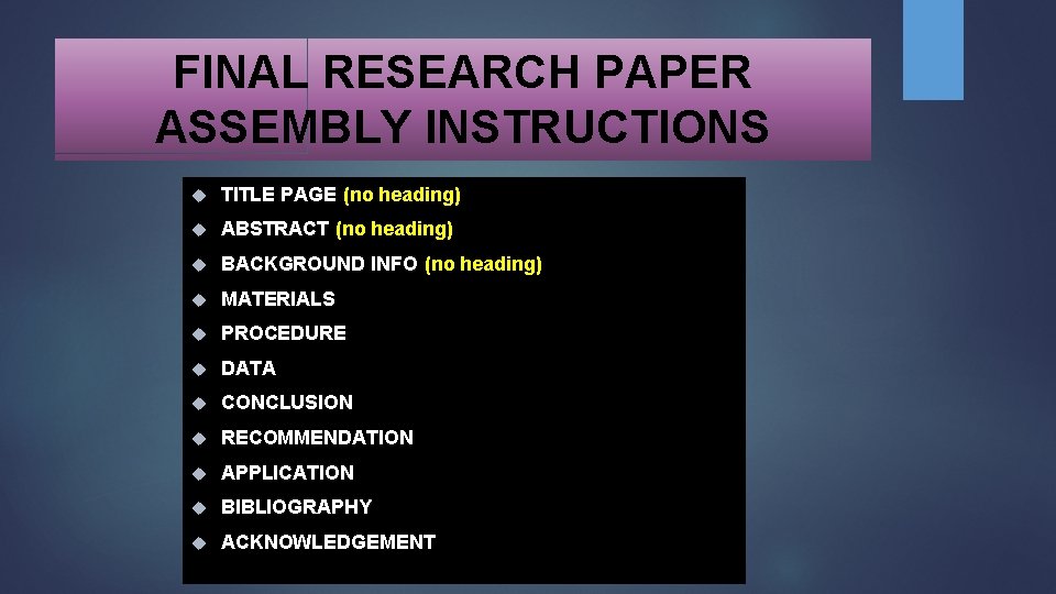 FINAL RESEARCH PAPER ASSEMBLY INSTRUCTIONS TITLE PAGE (no heading) ABSTRACT (no heading) BACKGROUND INFO