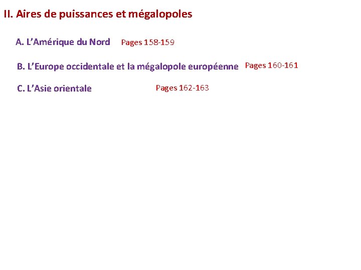 II. Aires de puissances et mégalopoles A. L’Amérique du Nord Pages 158 -159 B.