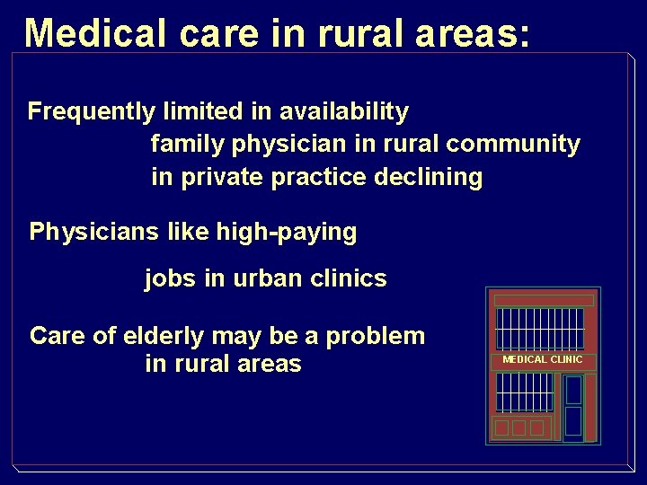 Medical care in rural areas: Frequently limited in availability family physician in rural community