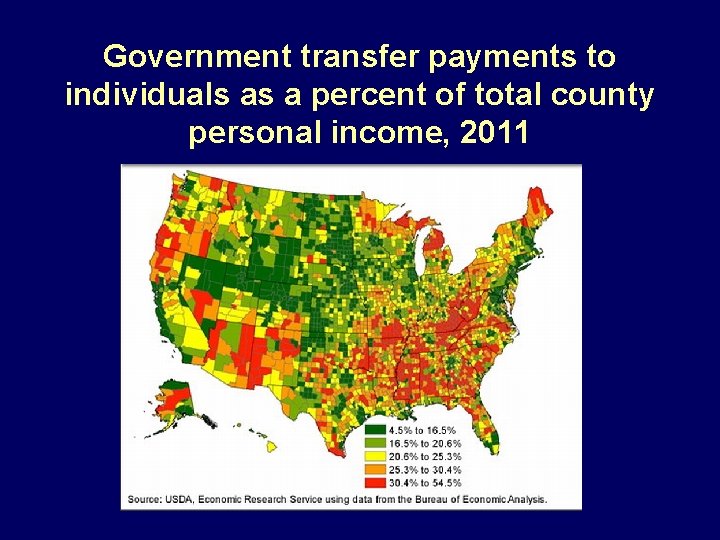 Government transfer payments to individuals as a percent of total county personal income, 2011
