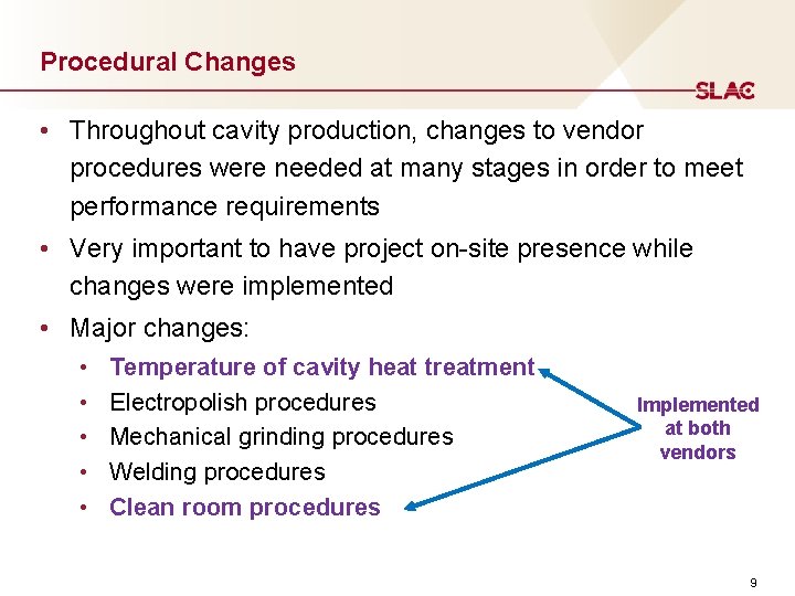 Procedural Changes • Throughout cavity production, changes to vendor procedures were needed at many