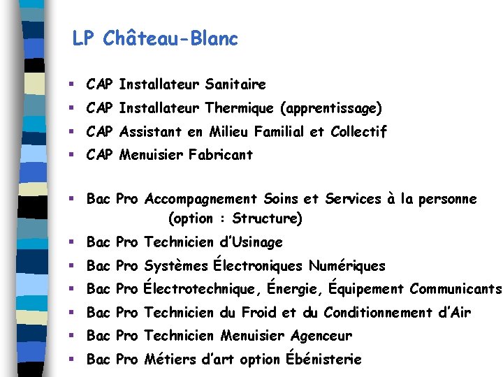 LP Château-Blanc § CAP Installateur Sanitaire § CAP Installateur Thermique (apprentissage) § CAP Assistant