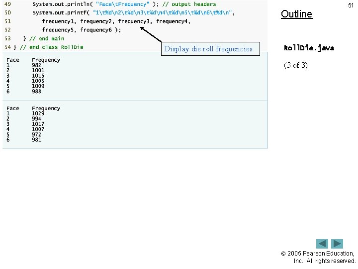 Outline Display die roll frequencies 51 Roll. Die. java (3 of 3) 2005 Pearson