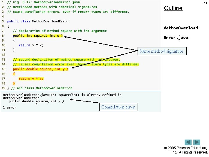 Outline 73 Method. Overload Error. java Same method signature Compilation error 2005 Pearson Education,