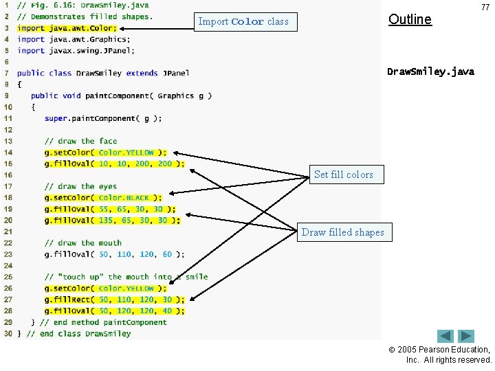 Outline Import Color class 77 Draw. Smiley. java Set fill colors Draw filled shapes