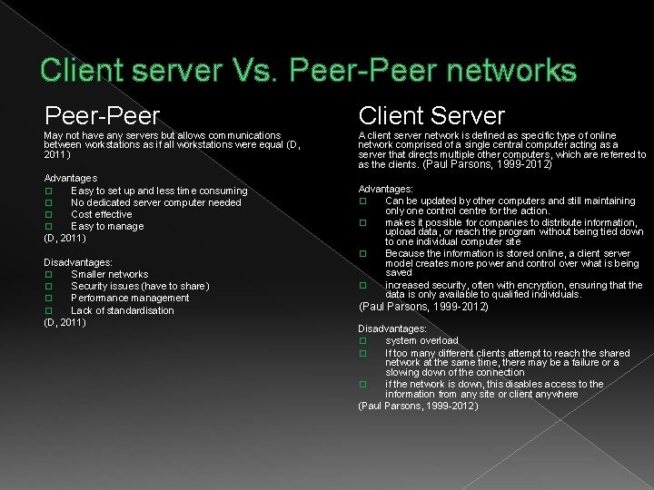 Client server Vs. Peer-Peer networks Peer-Peer Client Server May not have any servers but