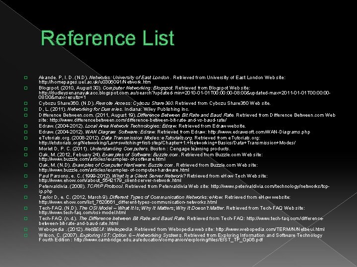 Reference List � � � � � Akande. P, I. D. (N. D). Networks: