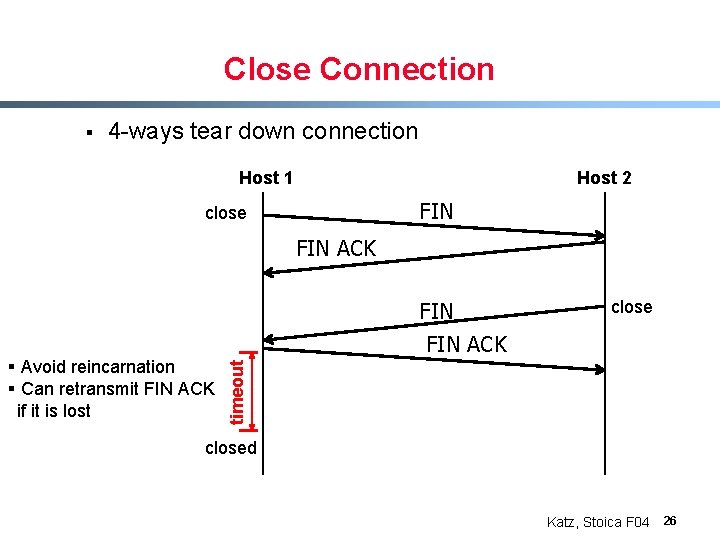 Close Connection § 4 -ways tear down connection Host 1 Host 2 FIN close