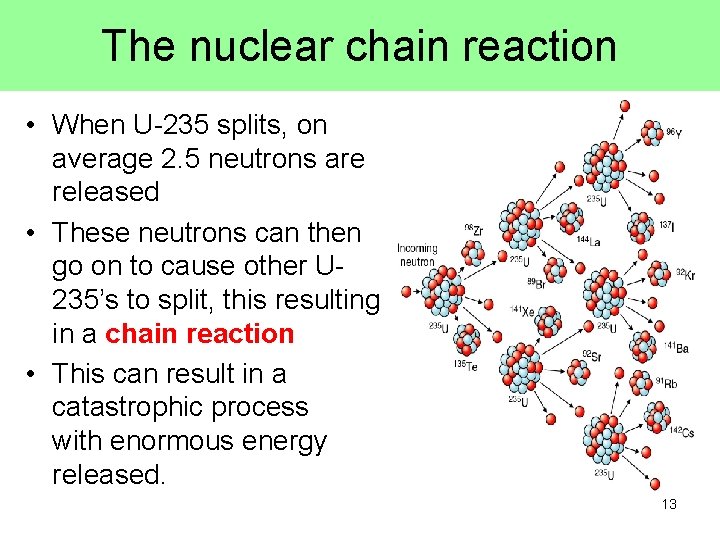 The nuclear chain reaction • When U-235 splits, on average 2. 5 neutrons are