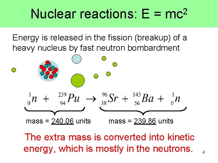 Nuclear reactions: E = mc 2 Energy is released in the fission (breakup) of