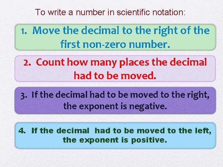 To write a number in scientific notation: 1. Move the decimal to the right