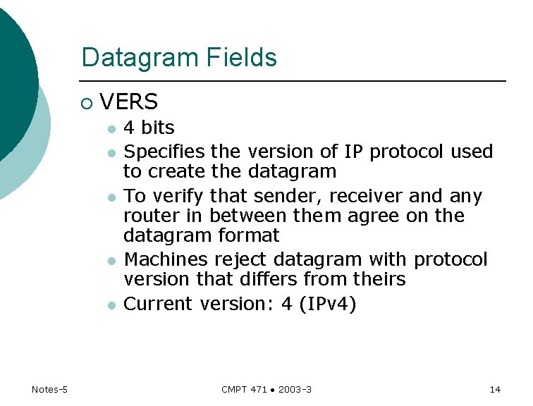 Datagram Fields ¡ VERS l l l Notes-5 4 bits Specifies the version of Datagram Fields ¡ VERS l l l Notes-5 4 bits Specifies the version of