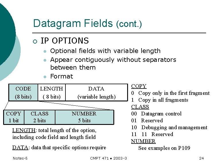 Datagram Fields (cont. ) ¡ IP OPTIONS l l l CODE (8 bits) COPY Datagram Fields (cont. ) ¡ IP OPTIONS l l l CODE (8 bits) COPY