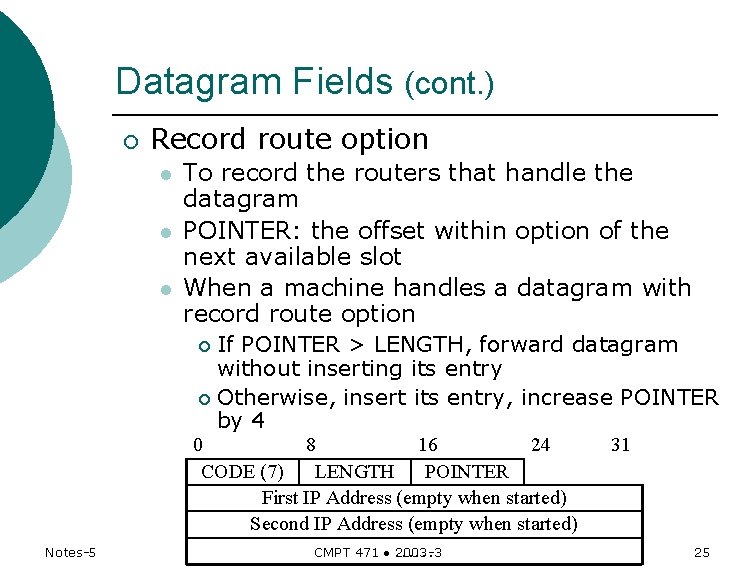 Datagram Fields (cont. ) ¡ Record route option l l l To record the Datagram Fields (cont. ) ¡ Record route option l l l To record the