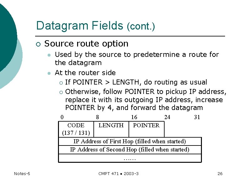 Datagram Fields (cont. ) ¡ Source route option l l Used by the source Datagram Fields (cont. ) ¡ Source route option l l Used by the source