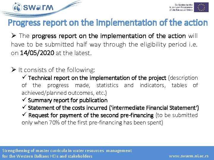 Progress report on the implementation of the action Ø The progress report on the