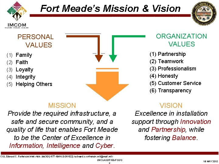 Fort Meade’s Mission & Vision ORGANIZATION VALUES PERSONAL VALUES (1) Partnership (2) Teamwork (3)