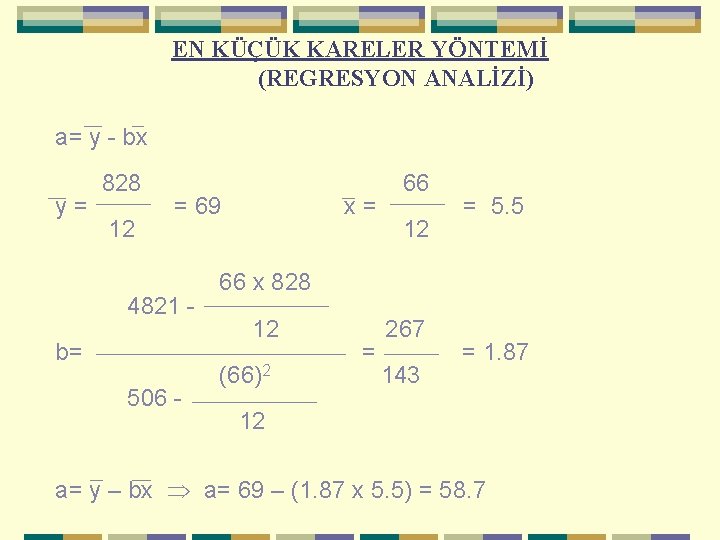 EN KÜÇÜK KARELER YÖNTEMİ (REGRESYON ANALİZİ) a= y - bx y= 828 12 =