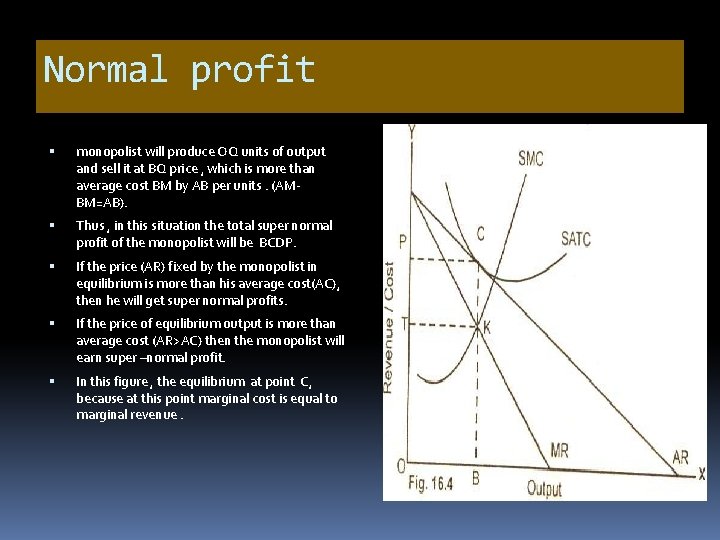 Normal profit monopolist will produce OQ units of output and sell it at BQ