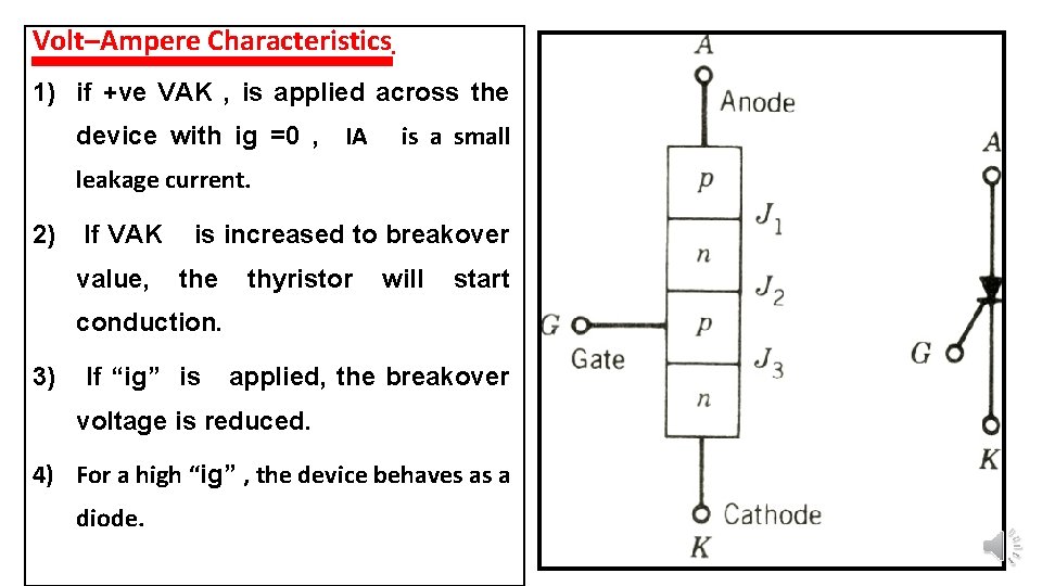 Volt–Ampere Characteristics : 1) if +ve VAK , is applied across the device with