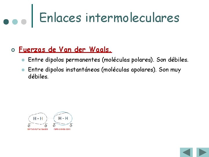 Enlaces intermoleculares ¢ Fuerzas de Van der Waals. l l Entre dipolos permanentes (moléculas Enlaces intermoleculares ¢ Fuerzas de Van der Waals. l l Entre dipolos permanentes (moléculas