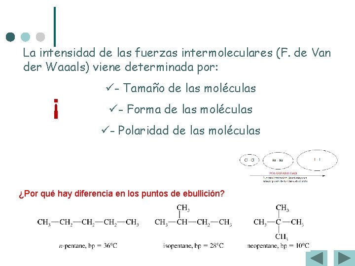La intensidad de las fuerzas intermoleculares (F. de Van der Waaals) viene determinada por: La intensidad de las fuerzas intermoleculares (F. de Van der Waaals) viene determinada por: