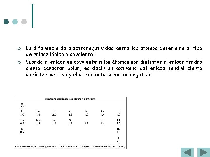 ¢ ¢ La diferencia de electronegatividad entre los átomos determina el tipo de enlace ¢ ¢ La diferencia de electronegatividad entre los átomos determina el tipo de enlace