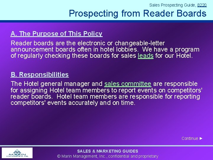 Sales Prospecting Guide, 8220 Prospecting from Reader Boards A. The Purpose of This Policy