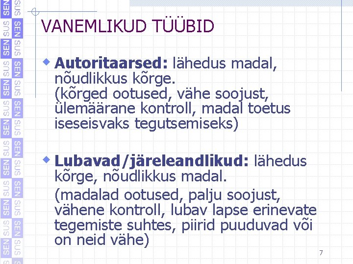 VANEMLIKUD TÜÜBID w Autoritaarsed: lähedus madal, nõudlikkus kõrge. (kõrged ootused, vähe soojust, ülemäärane kontroll, VANEMLIKUD TÜÜBID w Autoritaarsed: lähedus madal, nõudlikkus kõrge. (kõrged ootused, vähe soojust, ülemäärane kontroll,