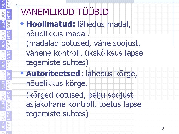 VANEMLIKUD TÜÜBID w Hoolimatud: lähedus madal, nõudlikkus madal. (madalad ootused, vähe soojust, vähene kontroll, VANEMLIKUD TÜÜBID w Hoolimatud: lähedus madal, nõudlikkus madal. (madalad ootused, vähe soojust, vähene kontroll,