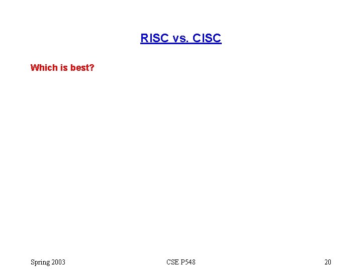 RISC vs. CISC Which is best? Spring 2003 CSE P 548 20 