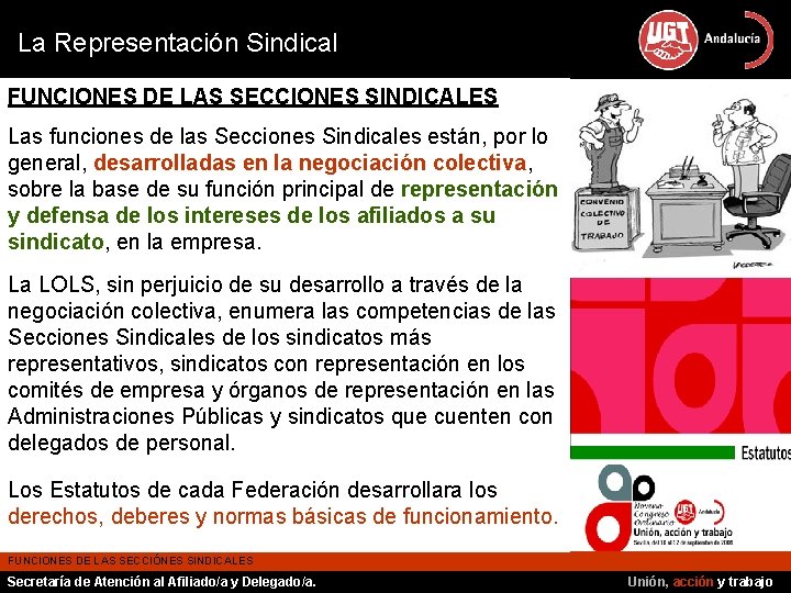 La Representación Sindical FUNCIONES DE LAS SECCIONES SINDICALES Las funciones de las Secciones Sindicales