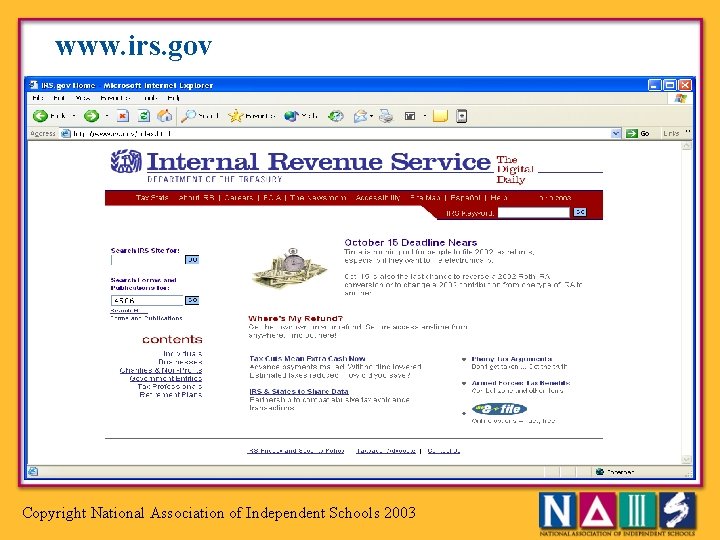 www. irs. gov Copyright National Association of Independent Schools 2003 