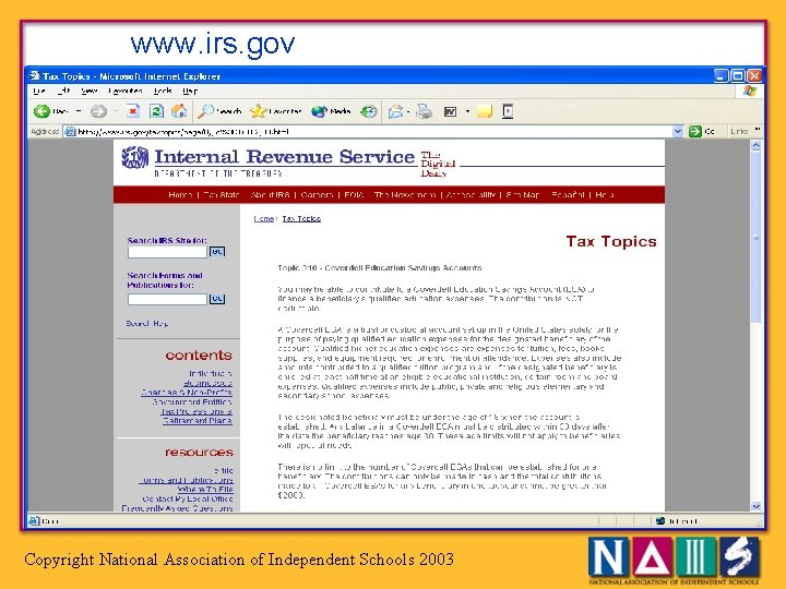 www. irs. gov Copyright National Association of Independent Schools 2003 