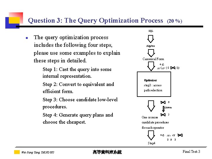 Question 3: The Query Optimization Process (20 %) SQL n The query optimization process