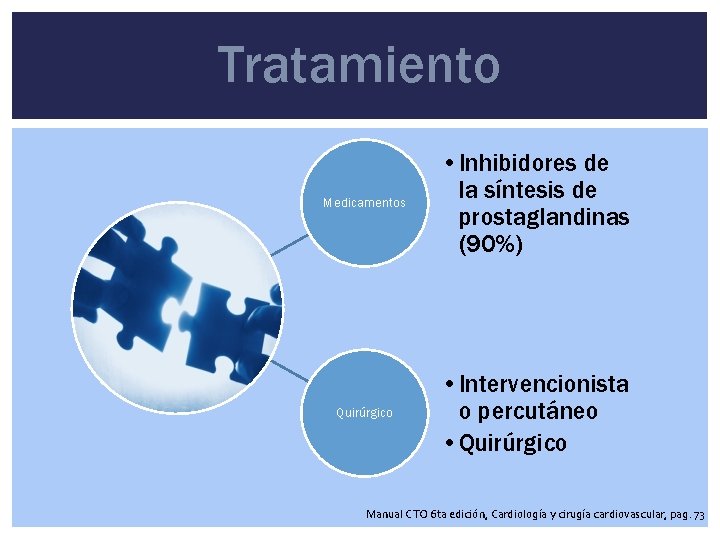 Tratamiento Medicamentos • Inhibidores de la síntesis de prostaglandinas (90%) Quirúrgico • Intervencionista o