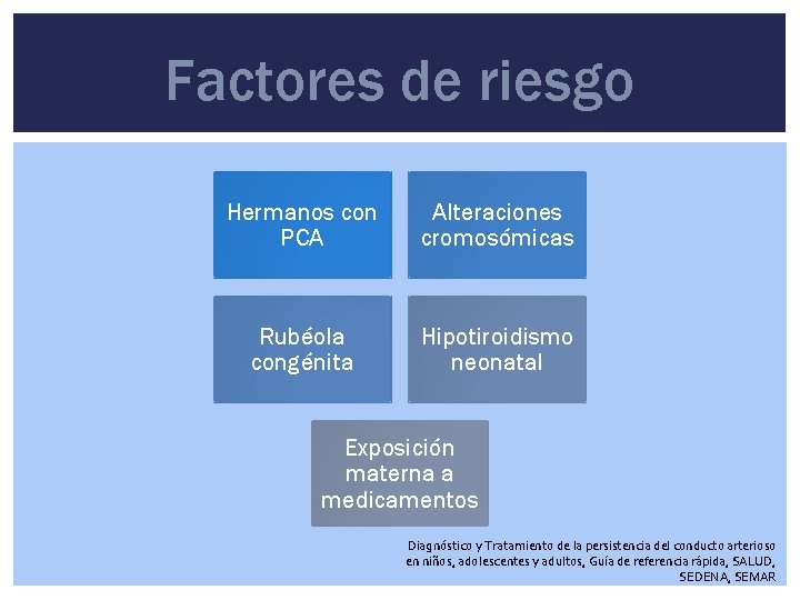 Factores de riesgo Hermanos con PCA Alteraciones cromosómicas Rubéola congénita Hipotiroidismo neonatal Exposición materna