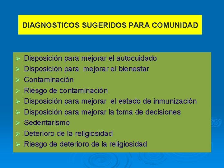 DIAGNOSTICOS SUGERIDOS PARA COMUNIDAD Ø Ø Ø Ø Ø Disposición para mejorar el autocuidado DIAGNOSTICOS SUGERIDOS PARA COMUNIDAD Ø Ø Ø Ø Ø Disposición para mejorar el autocuidado