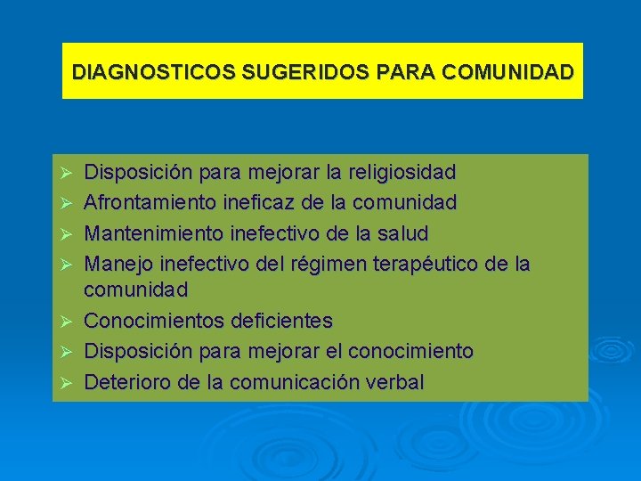 DIAGNOSTICOS SUGERIDOS PARA COMUNIDAD Ø Ø Ø Ø Disposición para mejorar la religiosidad Afrontamiento DIAGNOSTICOS SUGERIDOS PARA COMUNIDAD Ø Ø Ø Ø Disposición para mejorar la religiosidad Afrontamiento