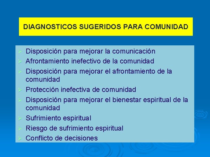 DIAGNOSTICOS SUGERIDOS PARA COMUNIDAD Ø Ø Ø Ø Disposición para mejorar la comunicación Afrontamiento DIAGNOSTICOS SUGERIDOS PARA COMUNIDAD Ø Ø Ø Ø Disposición para mejorar la comunicación Afrontamiento
