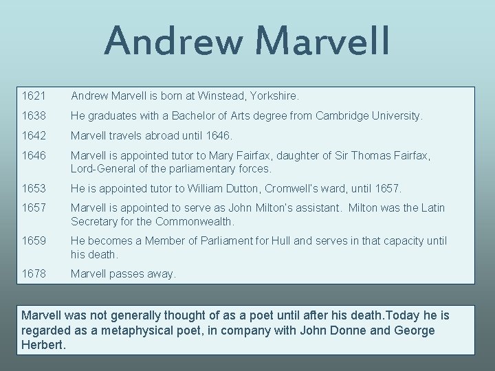 Andrew Marvell 1621 Andrew Marvell is born at Winstead, Yorkshire. 1638 He graduates with