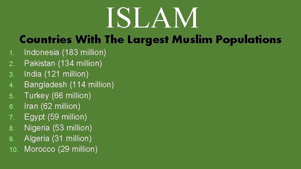 ISLAM Countries With The Largest Muslim Populations Indonesia (183 million) 2. Pakistan (134 million) ISLAM Countries With The Largest Muslim Populations Indonesia (183 million) 2. Pakistan (134 million)