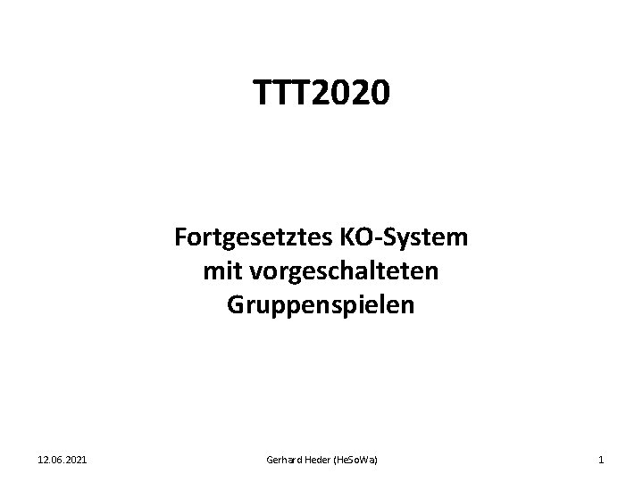 TTT 2020 Fortgesetztes KO-System mit vorgeschalteten Gruppenspielen 12. 06. 2021 Gerhard Heder (He. So.