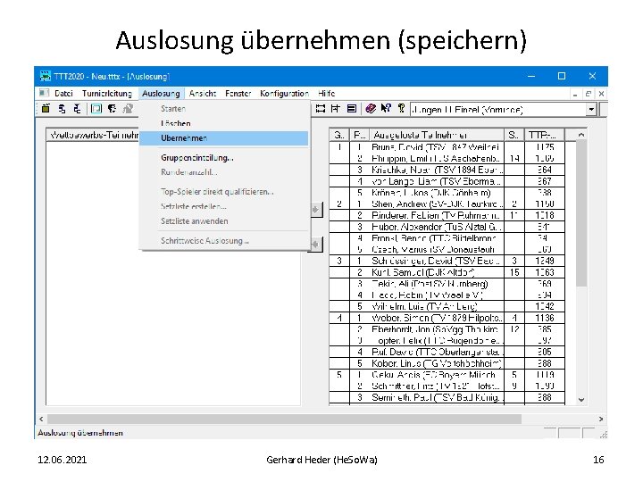 Auslosung übernehmen (speichern) 12. 06. 2021 Gerhard Heder (He. So. Wa) 16 