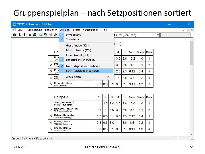 Gruppenspielplan – nach Setzpositionen sortiert 12. 06. 2021 Gerhard Heder (He. So. Wa) 22